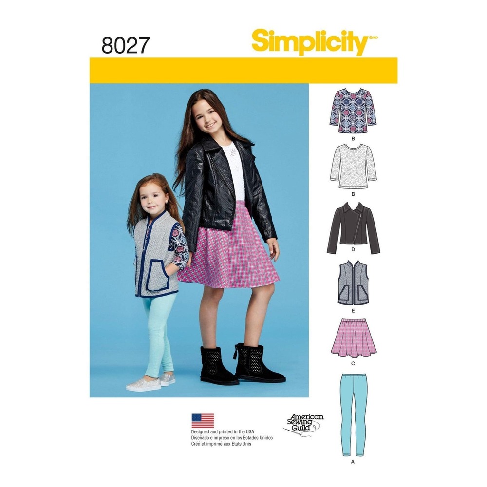 Simplicity Sewing Pattern 8027 Jacket‎ Tops Skirts Leggings Girls Size 7-14